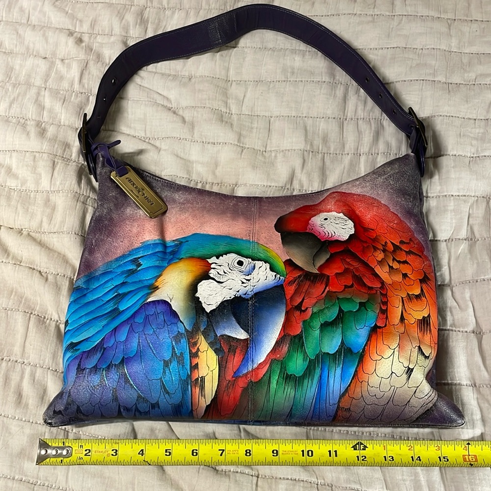 Anuschka hand painted parrots hobo bag